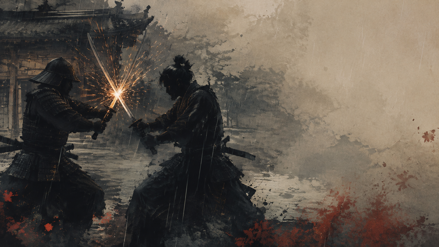 Two anonymous swordsmen meeting blades in a rain-soaked Kyoto alley