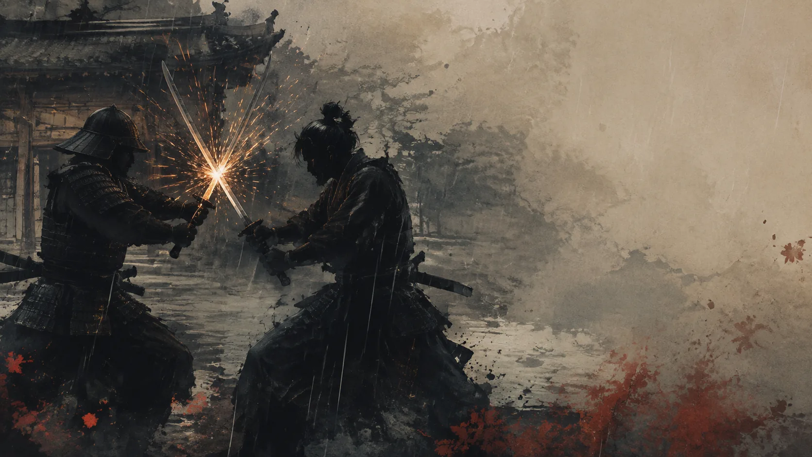Original illustration of two anonymous swordsmen meeting blades in a rainy Kyoto alley