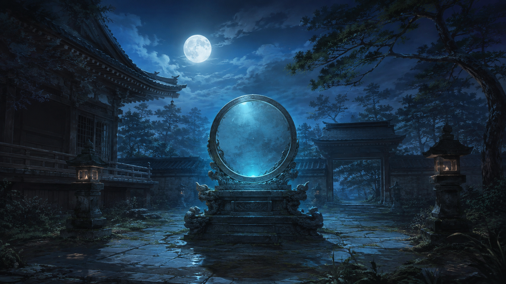 A mysterious Spirit Mirror in a moonlit shrine courtyard