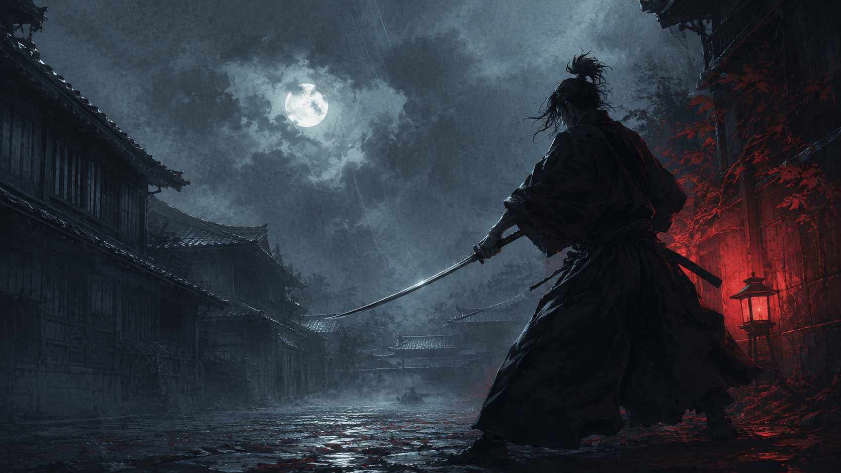 A lone swordsman poised beneath moonlight before a precise counter