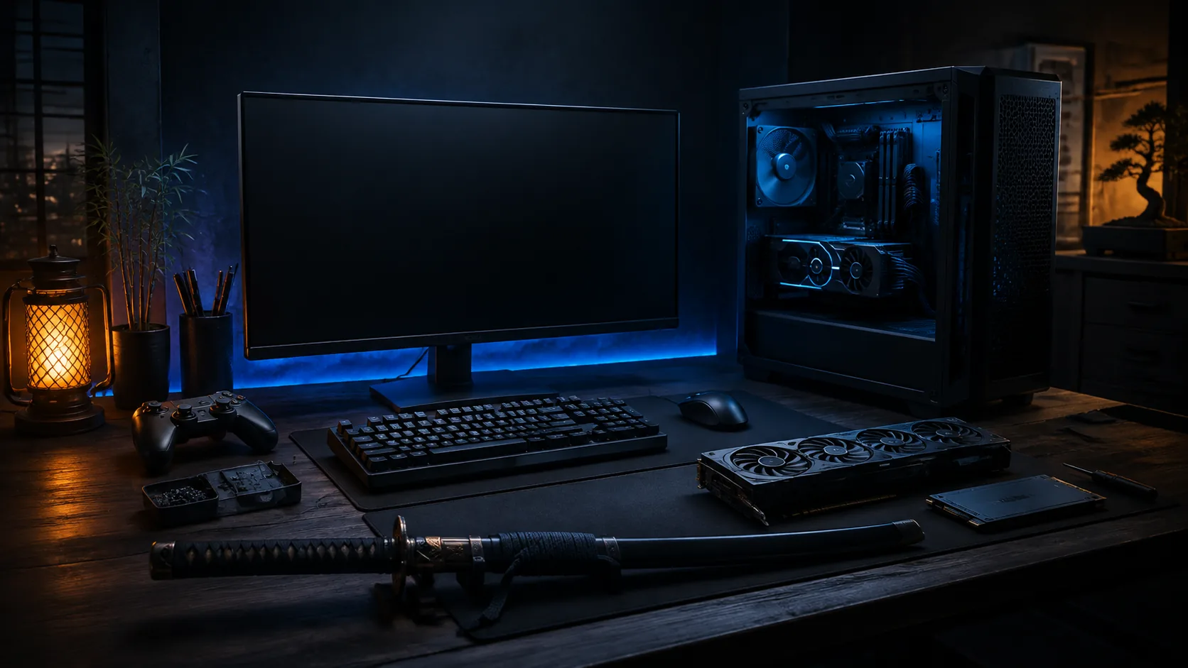 Original illustration of a PC workbench with a controller and a sheathed katana