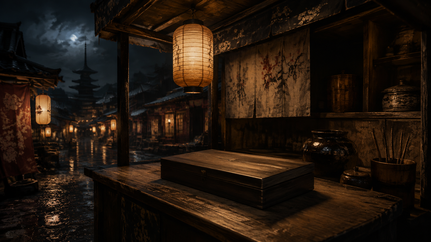Lantern-lit Edo market stall with a sealed game case on a wooden counter