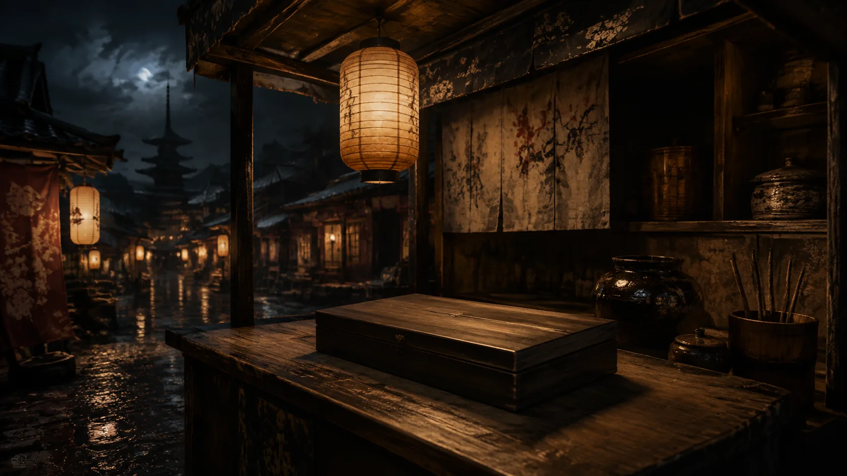 Original illustration of a lantern-lit market stall with a sealed game case